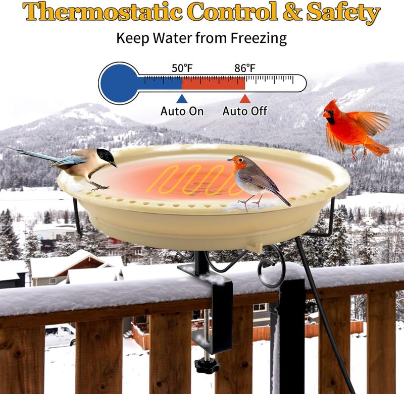 Lovppy Heated Bird Baths for Outdoors for Winter, 100W Heated Birdbath Water Heater with Thermostatically Controlled, Heated Bird Bath for Deck Railing Outside Garden Patio Yard (Khaki) - Image 4